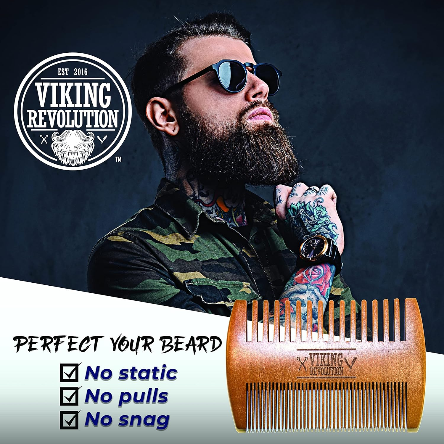 Wooden Beard Comb & Case, Dual Action Fine & Coarse Teeth, Perfect for Use with Balms And.