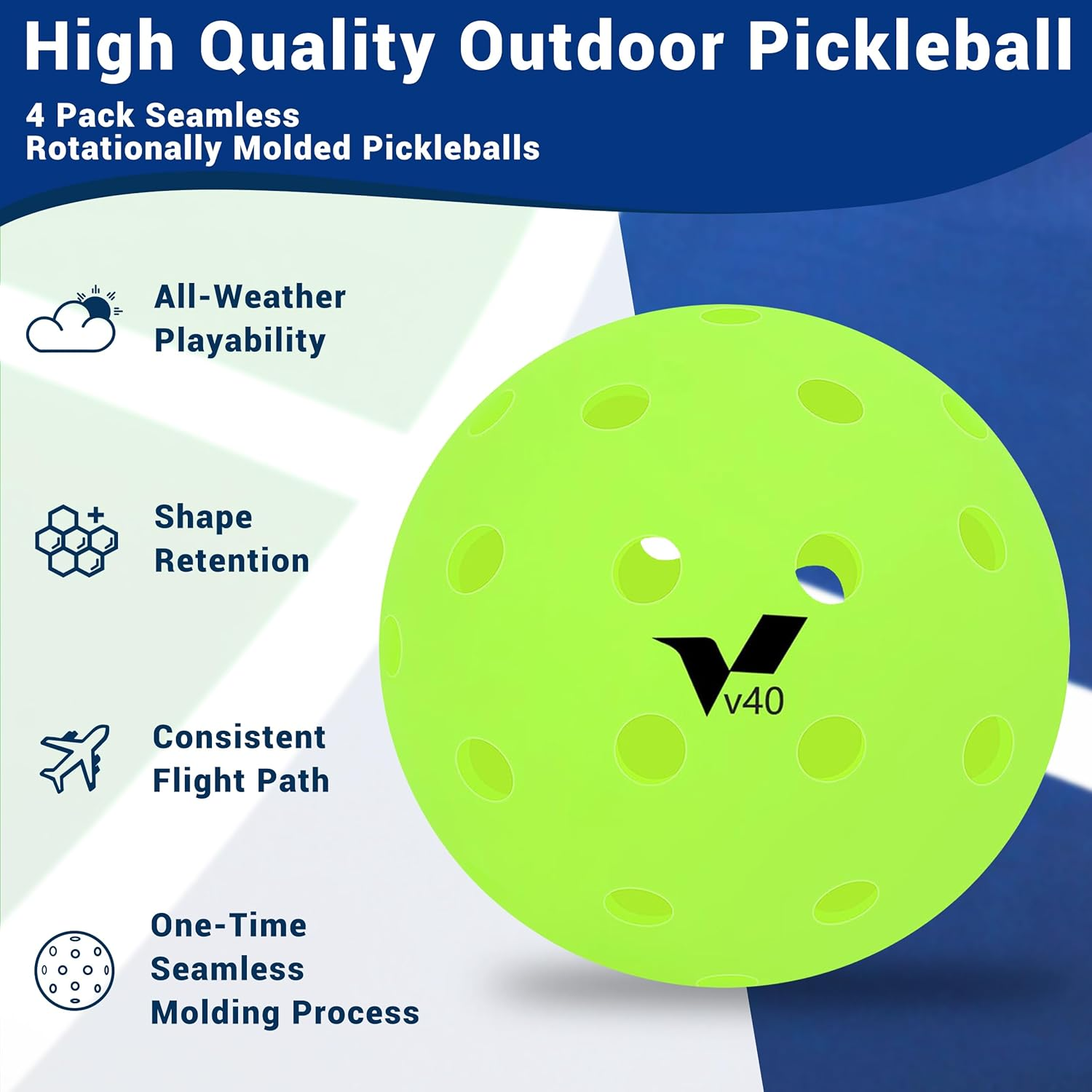 4-Pack Outdoor Pickleball Balls, High Elasticity & Ultra Durable, 40-Hole Design for Stable Bounce, Perfect for Tournament Play & Outdoor Sports image number 2