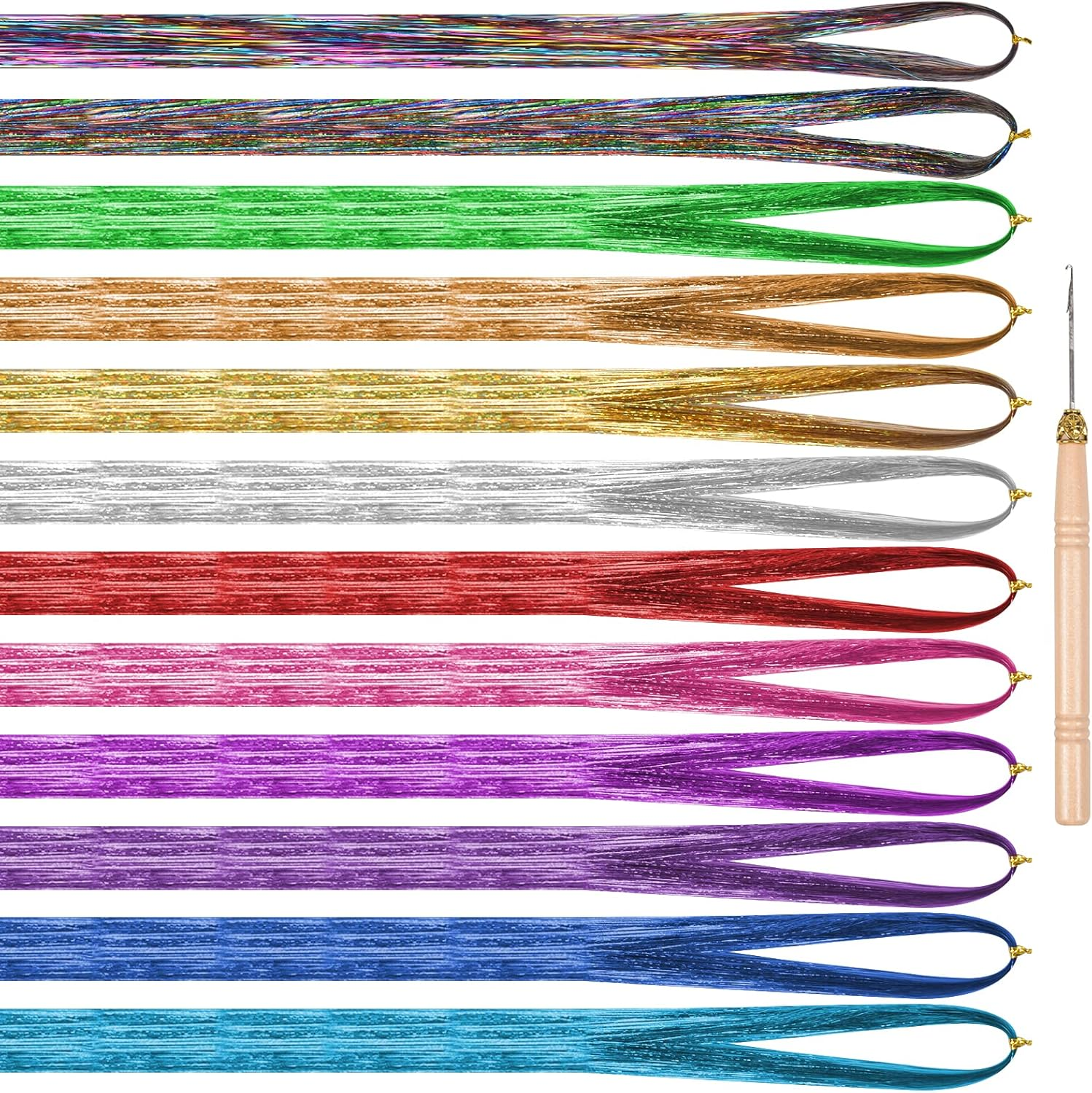Hair Tinsel 12 Colours Hair Tinsel Strands Kit with Tool, Glitter Strands Hair, Coloured Hair Extensions, Coloured Hair Pieces, Synthetic Hair Extensions, Glitter Hairpieces with Kit Hooks, 120Cm image number 2