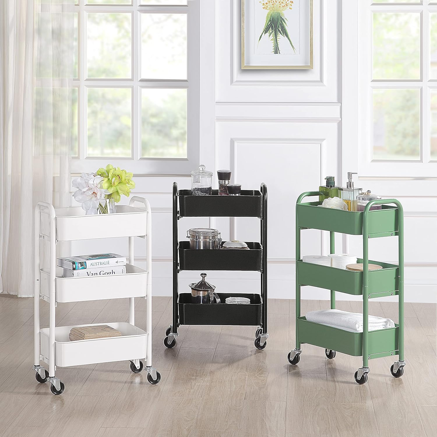Sunnypoint 3-Tier Delicate Compact Rolling Metal Storage Organizer - Mobile Utility Cart Kitchen/Under Desk Cart with Caster Wheels (BLK, Compact (15.5" X 26.8" X 10.27")) image number 1
