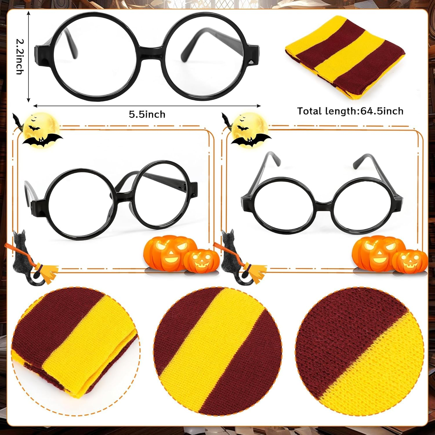 AUTOWT Kids Wizard Cloak Costume Set, 6Pc Magician Robe Outfits with Hooded Cape Hat Wand Scarf Glasses Tie Movie Dress up Accessory Boys Girls School Carnival Halloween Cosplay image number 2