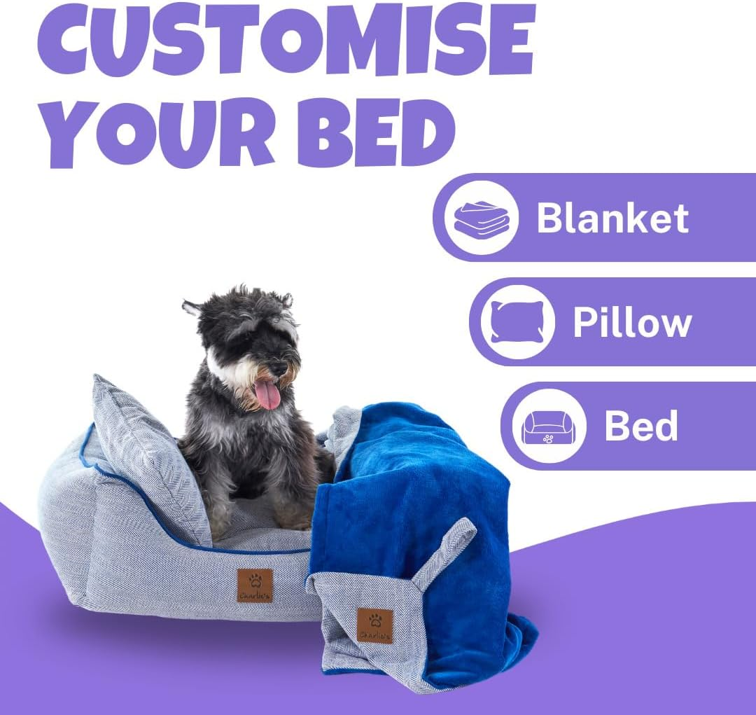 Charlie'S Hampton Herringbone Bolstered Walls & Low Front Wall 3-Piece Set with Bed, Pillow & Blanket 100% Recycled Polyester Filling Dog Bed Easy-To-Wash Removable Cover Blue - Small image number 6