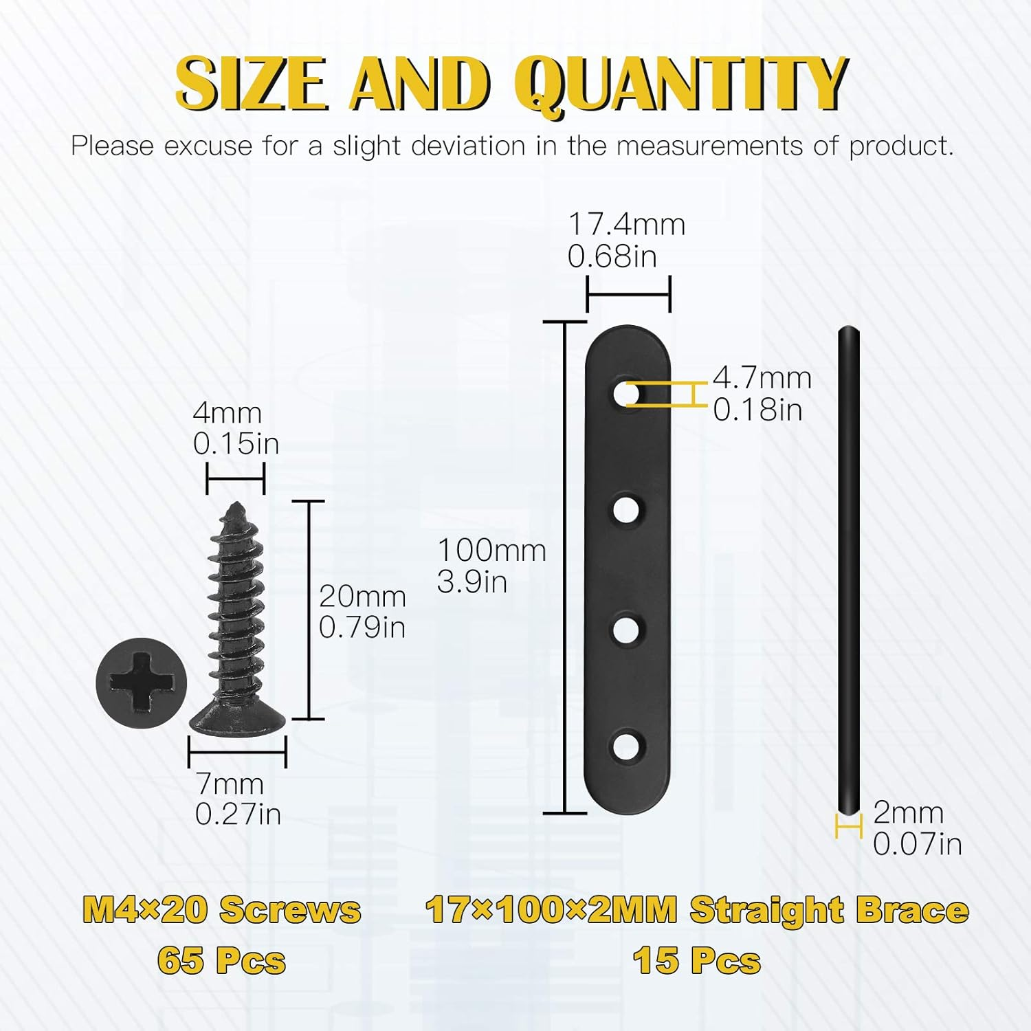 Mardatt 15 Sets 100X17.4Mm(3.9X0.68Inch) Stainless Steel Black Straight Bracket Mending Plates for Wood Heavy Duty Flat Straight Brace Joining with Mounting Screws image number 3