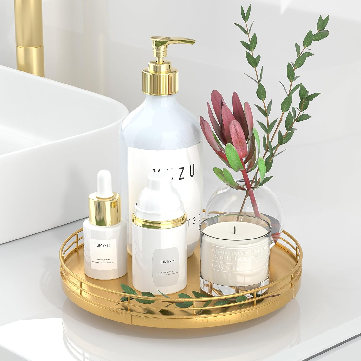 13" Gold Lazy Susan for Table Top, Oak Wood Lazy Susan Turntable Organizer for Dining Coffee Table Centerpiece Bar Decor Kitchen Countertop Bathroom Vanity Decorative Tray for Perfume Jewelry Round