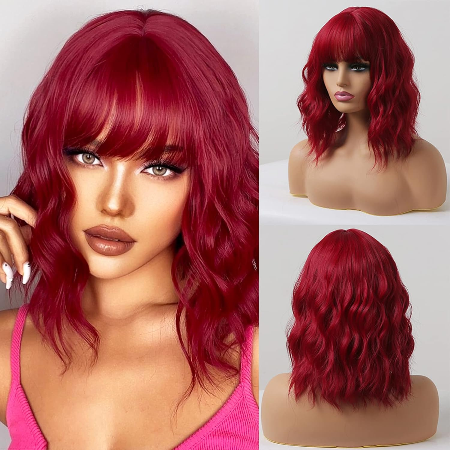Red Bob Wig with Fringe, Short Curly Women'S Lolita Wigs, Synthetic Wig for Women, Daily Life, Anime Cosplay Costume, Party, Halloween, Carnival, 35 Cm image number 2