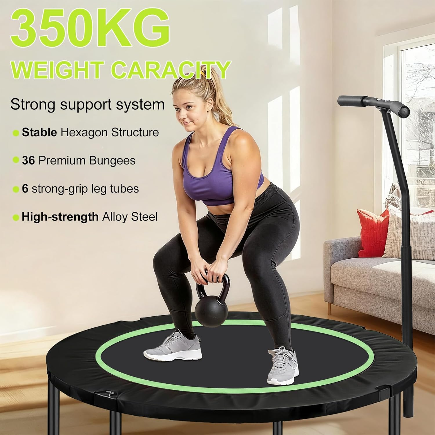 48" Rebounder Mini Trampoline Max Load 350Kg, Foldable Fitness Trampoline with Adjustable Foam Handle, T Shape Trampoline Suitable for Adults and Kids image number 4