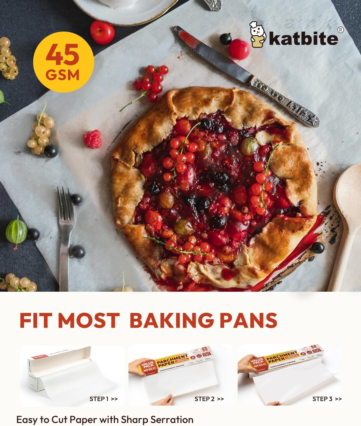 Katbite Baking Paper Roll 38Cm X 74M Heavy Duty Baking Paper Roll Non-Stick Baking Paper Roll for Baking, Cooking, Freezing, for Oven, Kitchen, Air Fryer - 15X242-W image number 4