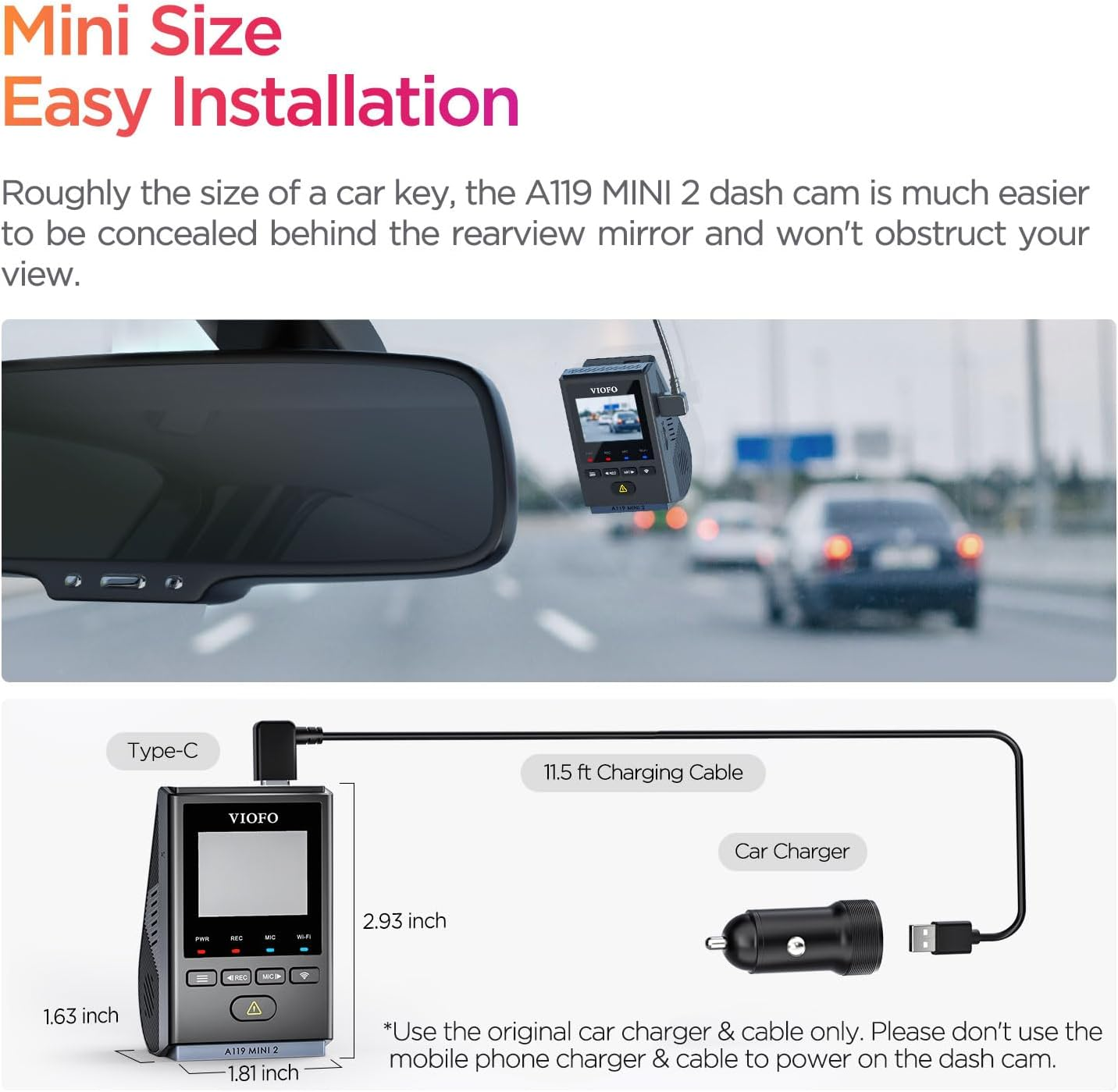 VIOFO Mini Dash Cam A119 MINI 2, STARVIS 2 IMX675 Sensor, 2K 60Fps Voice Control Front Car Dash Camera with 5Ghz Wi-Fi GPS, HDR Night Vision, 24H Buffer Parking Mode, Supercapacitor image number 5