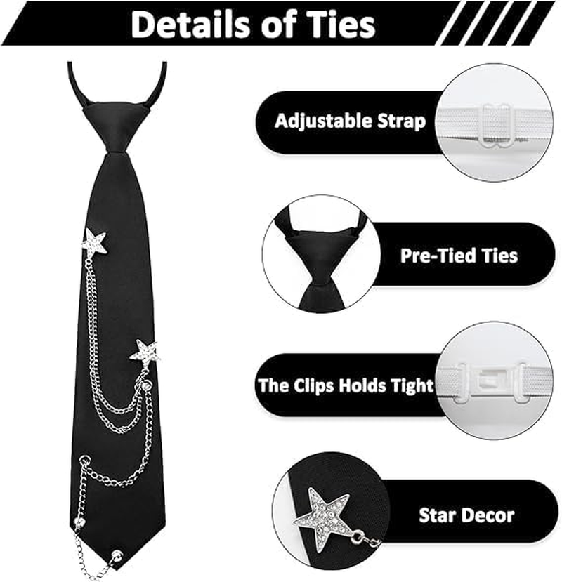 Adjustable Pre-Tied Black Tie for Women & Girls, School Uniform Necktie with Metal Chain, Polyester Gothic Punk Tie Accessory for Cosplay & Gifts - SZTTY image number 3