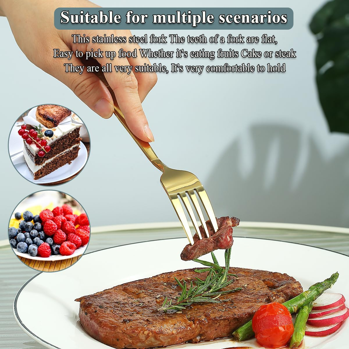 Berglander Gold Table Forks of 12 Pieces, Titanium Gold Plated Stainless Steel Modern Dinner Fork Set, Forks and Spoons Cutlery Ideal for Home, Toilet, Hotel, Wedding, Dishwasher Safe - Black image number 5