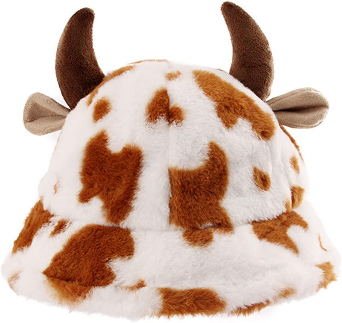 Unisex Fluffy Cow Bucket Hat with Horns Plush Bucket Hat for Women, Teens Winter Funny Fisherman'S Hat