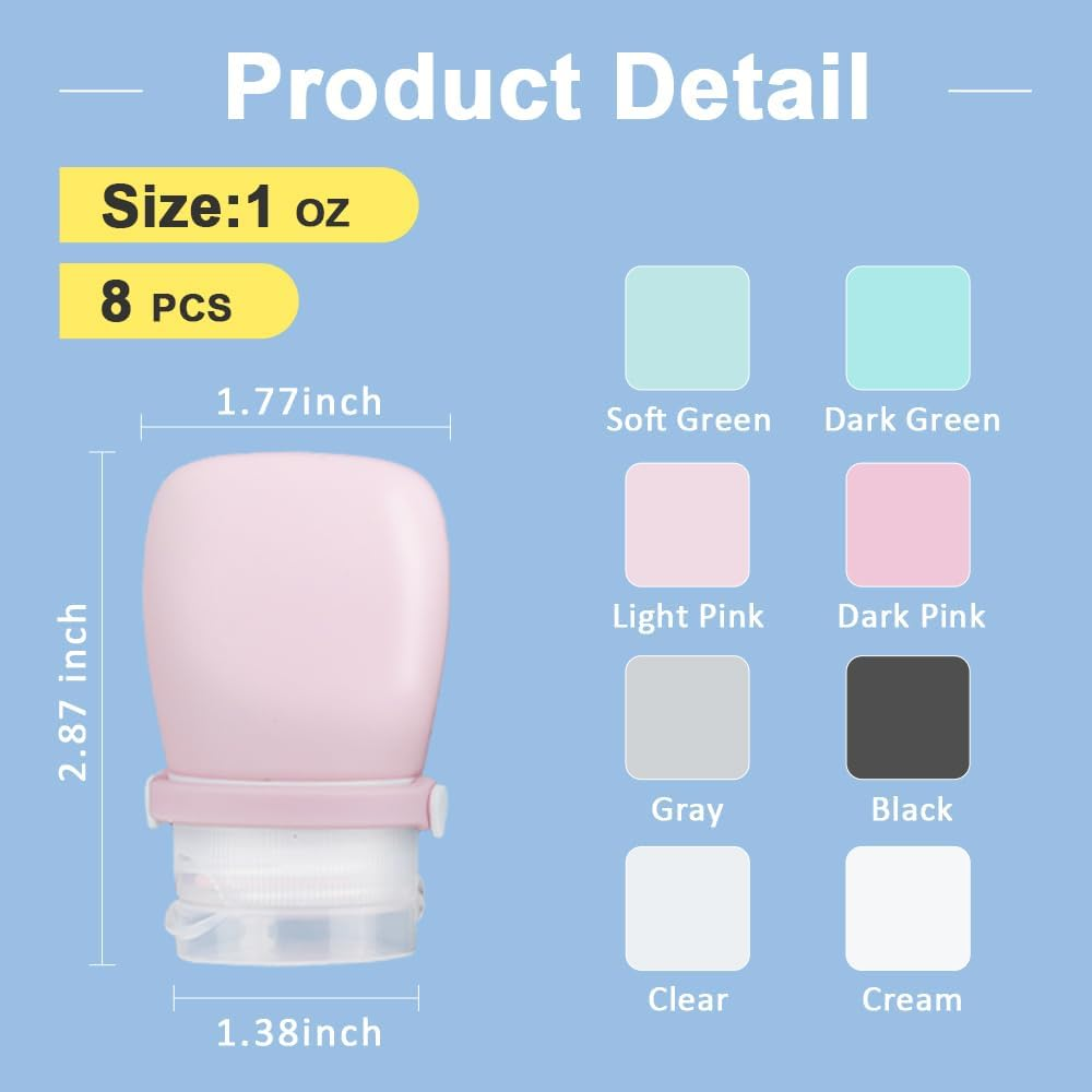 8 Pcs 1 OZ Travel Bottles for Toiletries, Silicone Travel Size Containers with Bag and Stickers, Empty Small Squeeze Bottle, Refillable Leak Proof Lotion Container image number 6