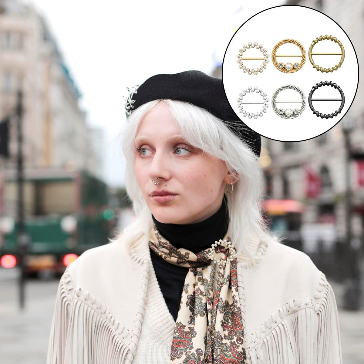 BEZANU Silk Scarf Ring Clip, 6 PCS round Metal T-Shirt Clip Buckle for Scarf, Tie, Hat, Belt Decor (6 Kind) image number 5