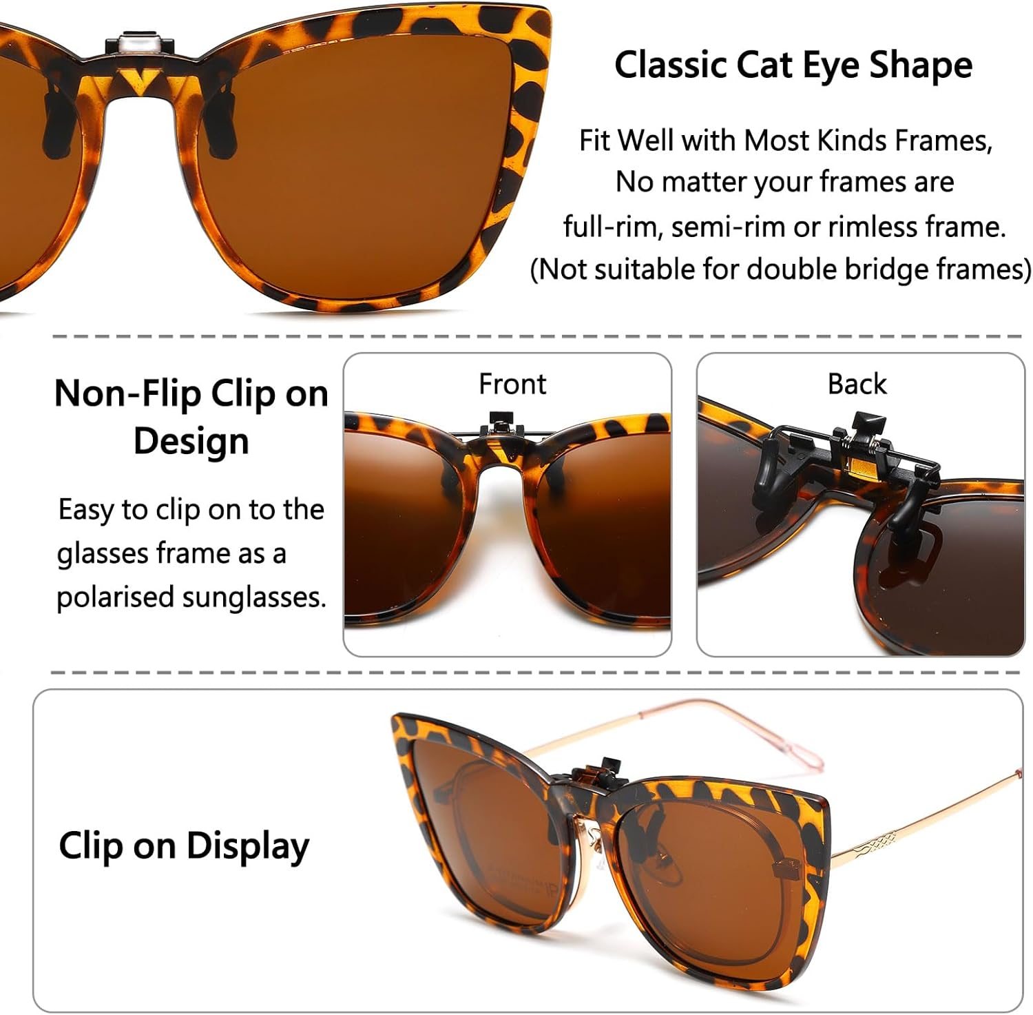 Long Keeper Polarized Clip on Sunglasses over  Women Men with UV Protection Clip on Cat Eyeglasses - Black Leopard Gradient Grey image number 3