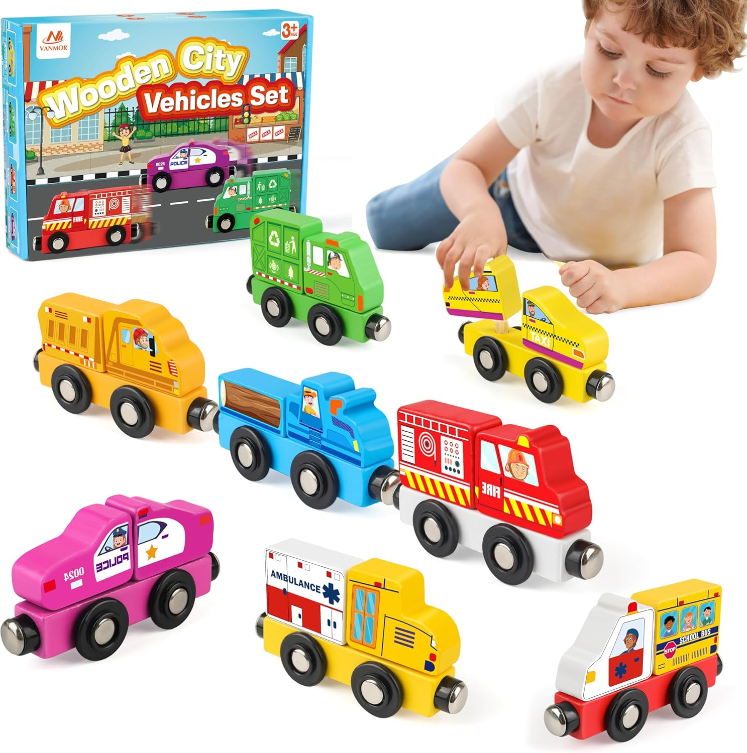 Vanmor Wooden Car Vehicle Set, 8 PCS Magnetic City-Themed Train for Toddlers, Montessori Fine Motor Skills Educational Toy for Kids Aged 3 for Imaginative Play and Development