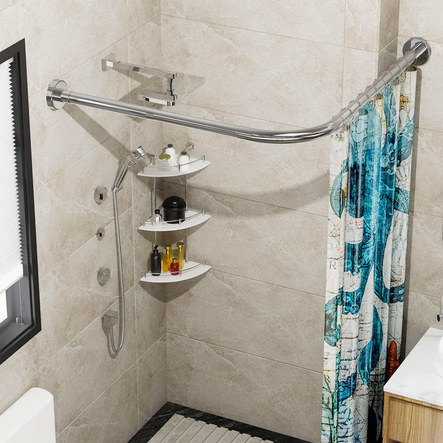 Sikaiqi Stretchable 304 Stainless L Shaped Bathroom Bathtub Corner Shower Curtain Rod Rack (90-130Cm X 90-130Cm)