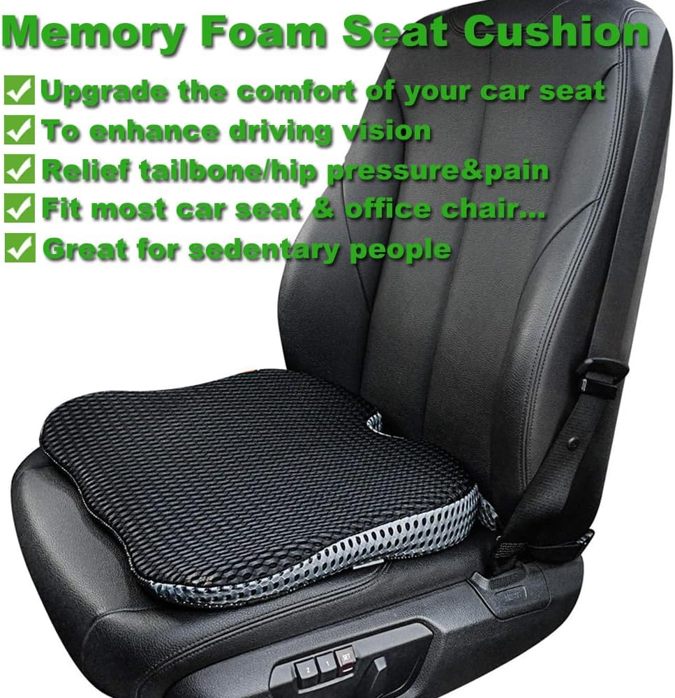 Universal Memory Foam Car Seat Cushion for Driving Wedge Booster Support Adults Driver Seat Cushions Tailbone Back Pain Pressure Relief Office Chair Wheelchair Pad