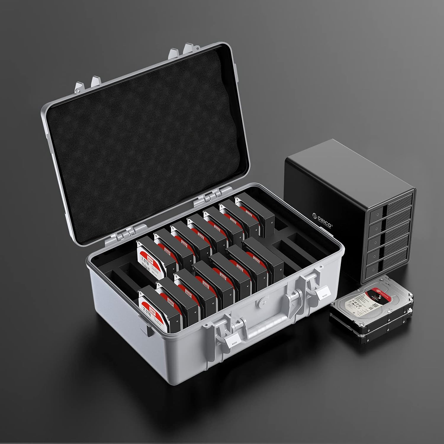 ORICO Hard Drive Case 3.5Inch 20-Bay HDD/SSD Multi-Protection Storage Suitcase with Foam Hard Case Shockproof Anti-Static Moistureproof Carrying Case -PSC L20 image number 5