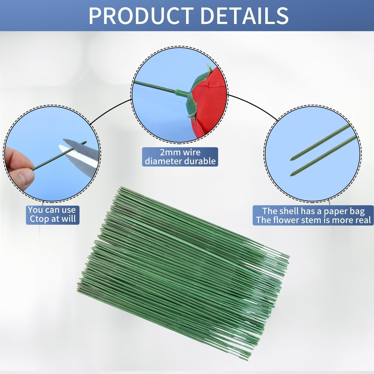 Green Floral Stems - 100Pcs Plastic Flower Rods for Bouquets and Arrangements, Ideal for Crafts and Florists (17CM /6.7In) image number 1