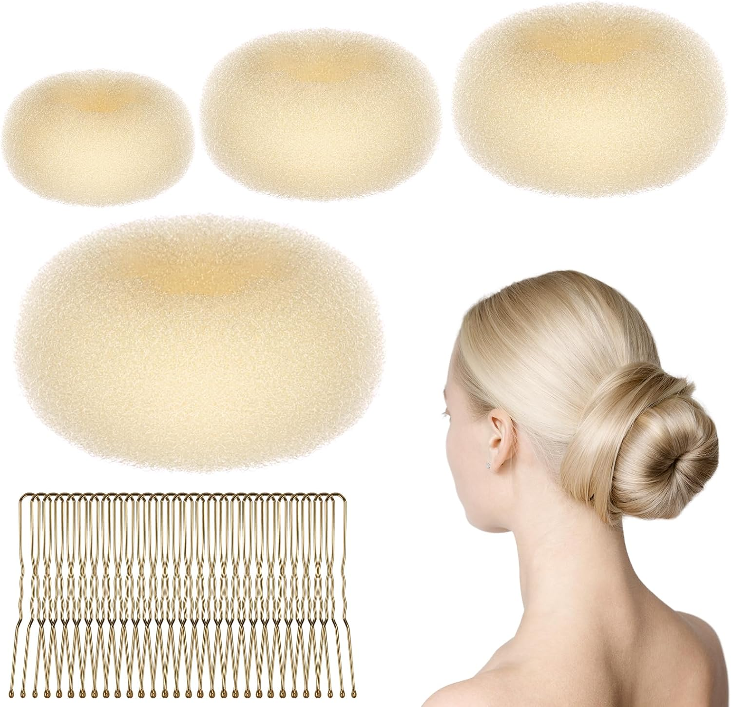 URAQT Hair Donut Bun Maker Set, 4 Pcs Ring Style Donut Bun Shaper with 30 Hair Pins, Blonde Chignon Doughnut Bun Hair Accessories for Girls Kids Women DIY Chignon Hair Styles