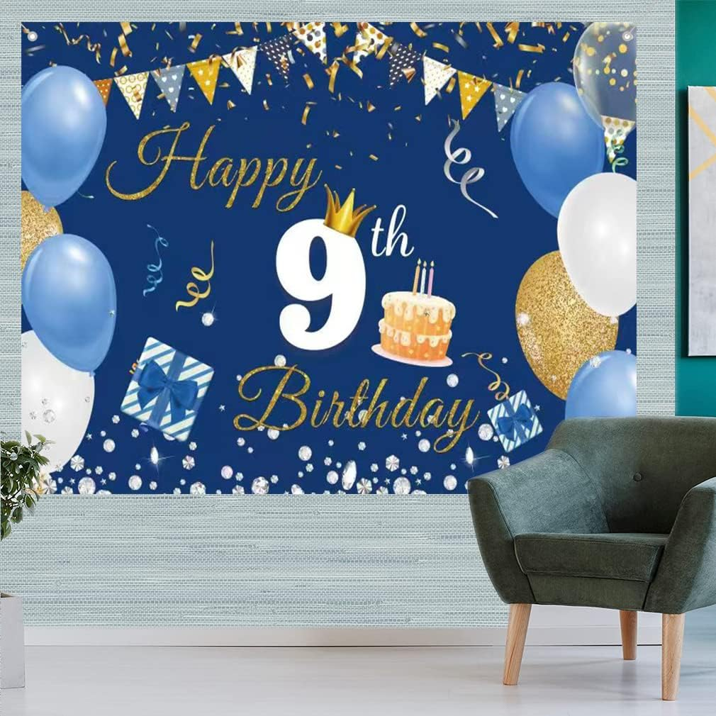 9Th Birthday Decorations for Boys Girls Happy 9Th Birthday Backdrop Banner Happy 9 Years Old Fabric Sign Poster, Blue Photography Background Ninth Birthday Party Supplies, 59"X35.4" image number 3