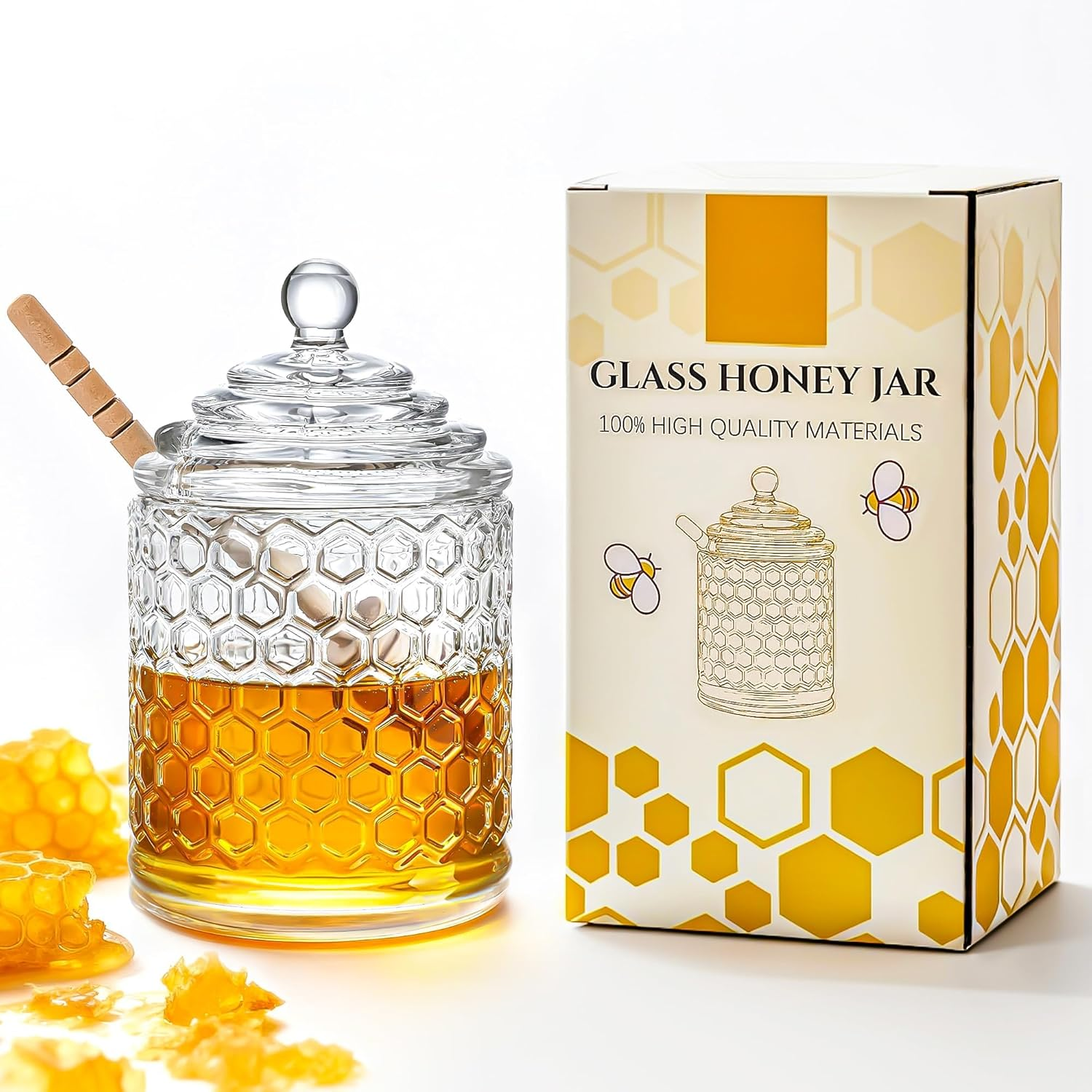 Kanpura Clear Crystal Honey Pot with Dipper and Lid Glass Honey Jar with Dispenser Honey Holder and Syrup Container for Home Kitchen,9 Oz image number 4