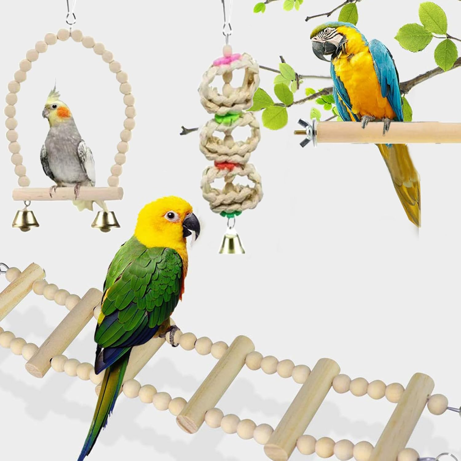 Bird Parrot Cage Swing Toys, Chewing Standing Hanging Perch Hammock with Climbing Ladder, for Budgerigar Parakeet Cockatiel Finches image number 6