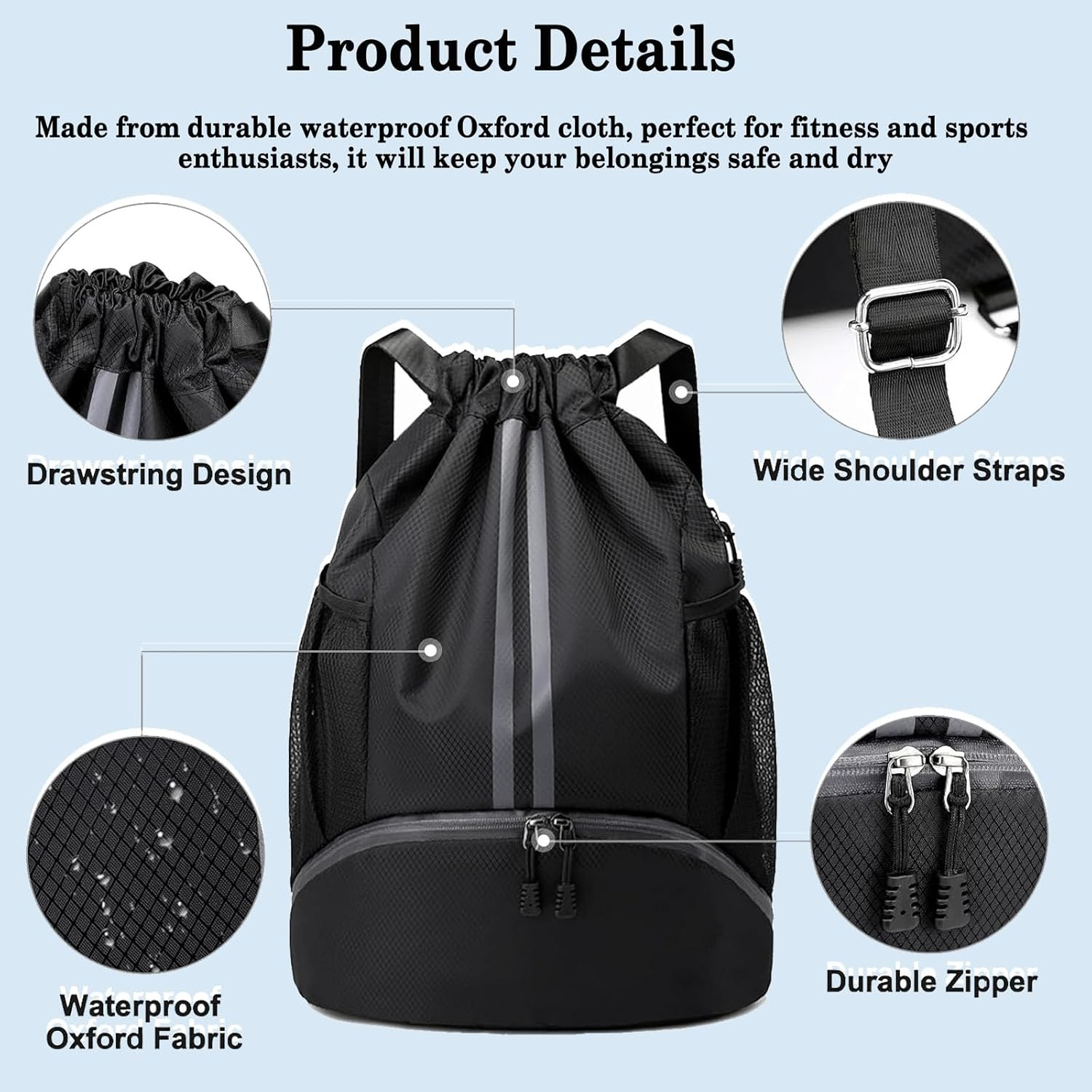 Sports Drawstring Backpack - String Swim Gym Bag for Women Men (Zipper/Shoe Compartment/Wet Pocket/Mesh/Water Resistant) Lightweight String Bag for Travel Soccer Swim, Black