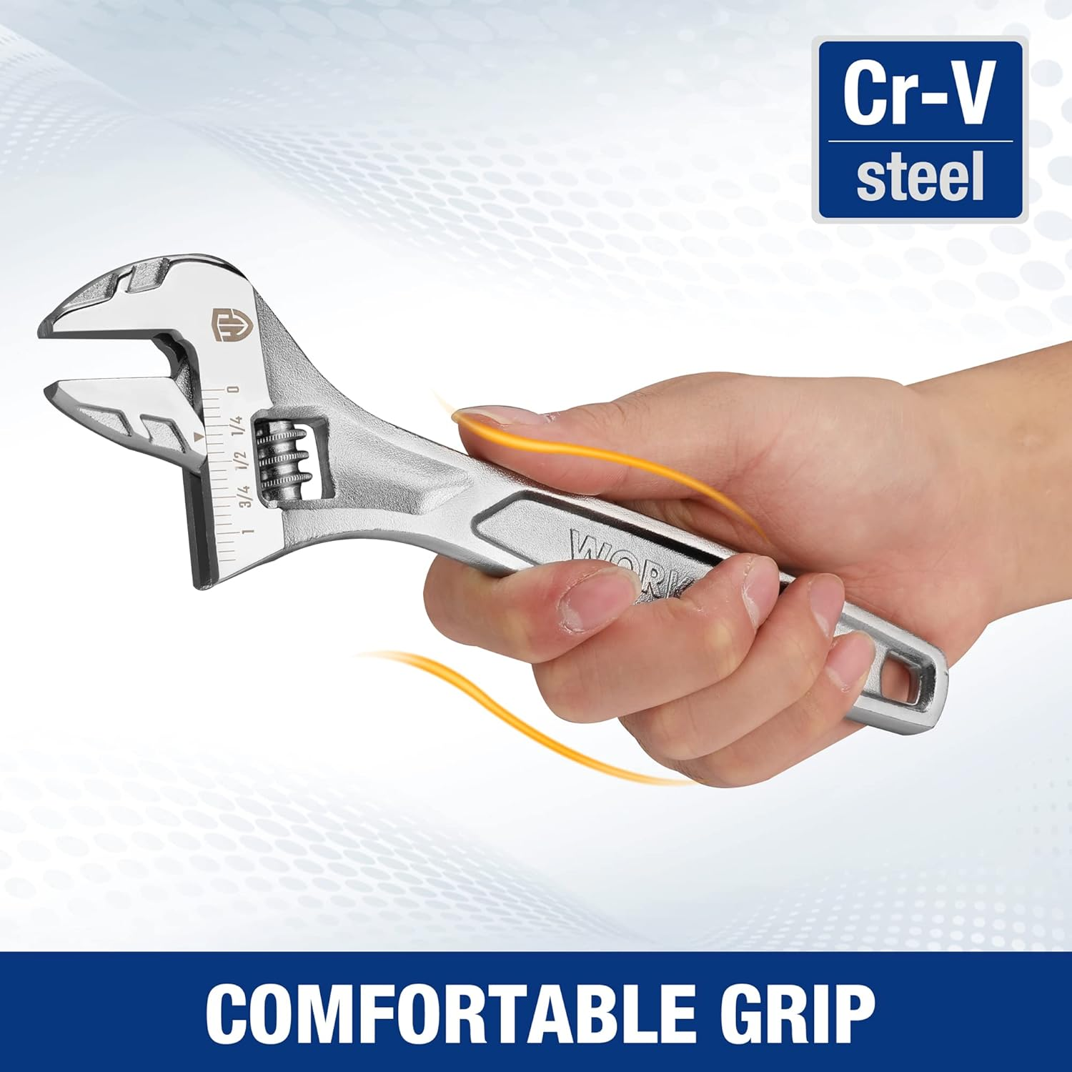 WORKPRO Adjustable Wrench, 8-Inch Heavy Duty Spanner with Inch/Metric Scale, Premium Cr-V Steel, Chrome Plated image number 3