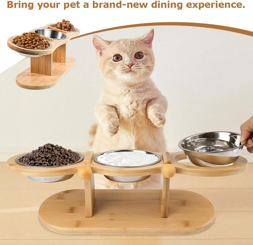 Cat Feeding Station,With 3 Stainless Steel Bowls and Installation Required Parts, Wooden Pet Bowl Holder,Raised Cat Food Bowls, Kitty Food Water Bowls Stand,For Cats and Puppy image number 1