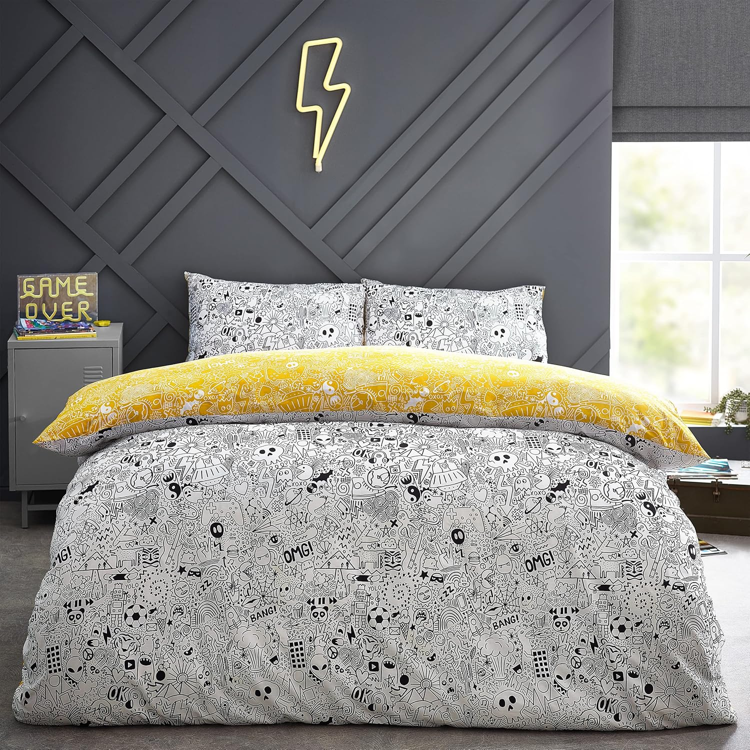 Style Lab Doodles Duvet Cover Set, White/Black, Double image number 1