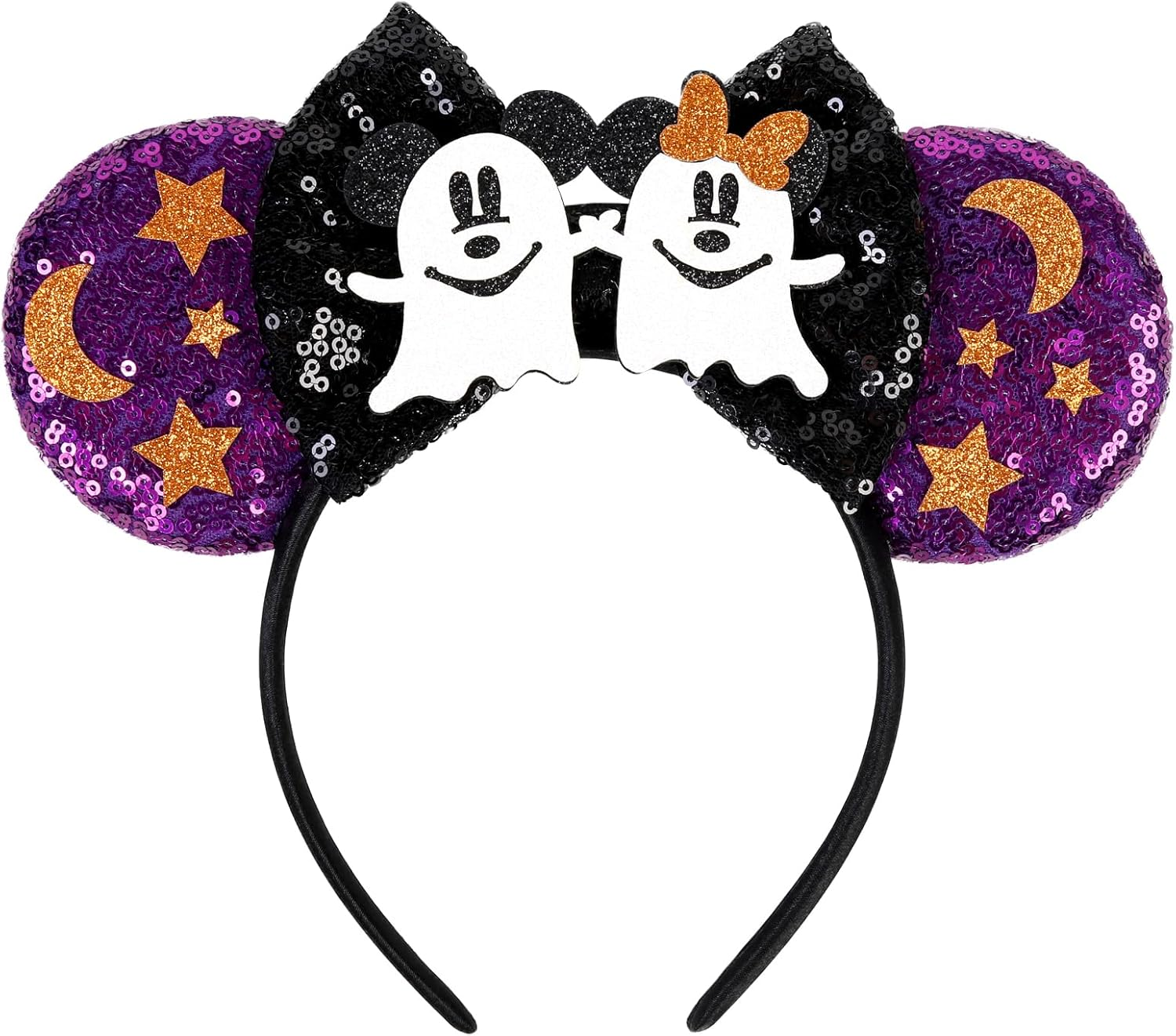 WOVOWOVO Halloween Maleficent Horns Ears Headband for Women Girls, Sequin Mouse Ears Head Band with Flame Purple Bow Decoration Hairband Party Princess Cosplay Hair Accessories Costume image number 2