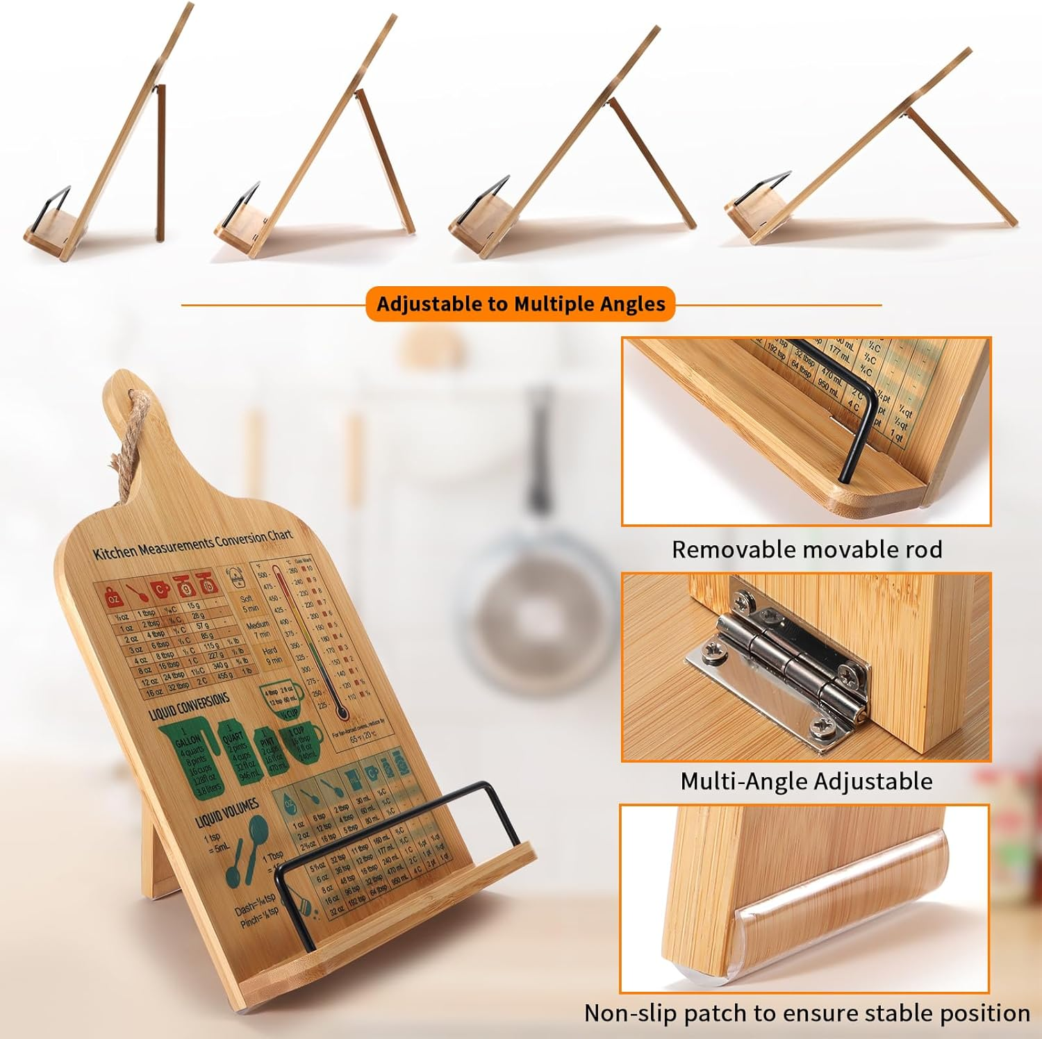 Bamboo Cookbook Stand,Recipe Book Stand with Measurement Conversion Chart,Unique Gifts for Women Mom Grandma Wife Sister Friends Mothers Day Anniversary,Essential Accessories for Holding Cookbooks image number 3