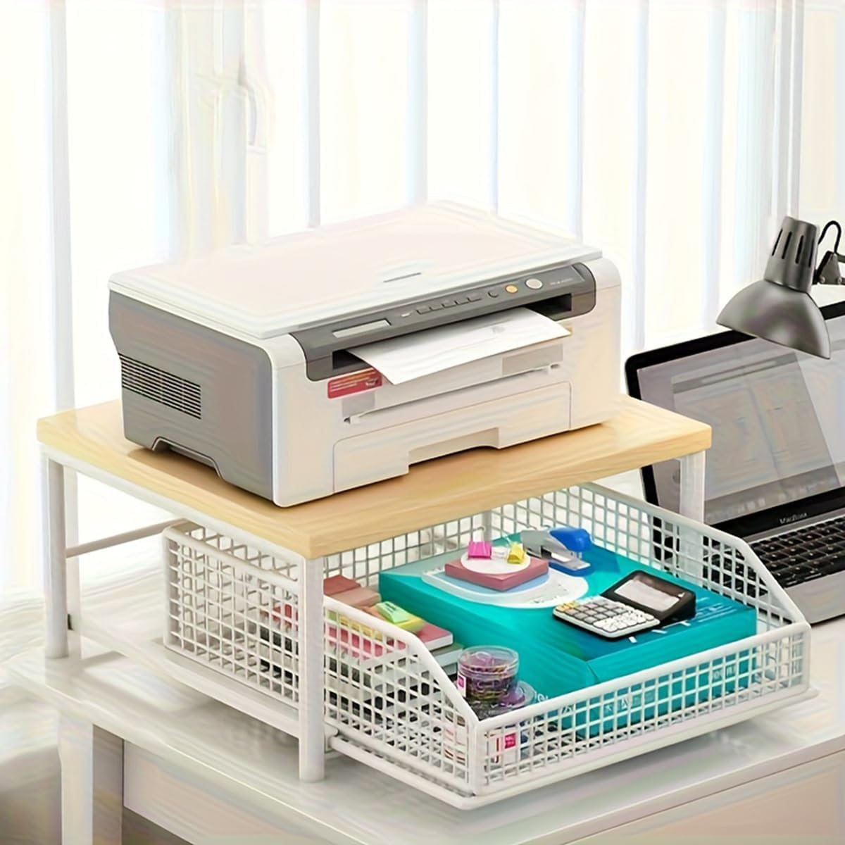 Jindanju Sturdy Hardwood Shelf for Coffee Maker-Space-Saving Kitchen Countertop Organizer with Drawer& Wire Basket Black