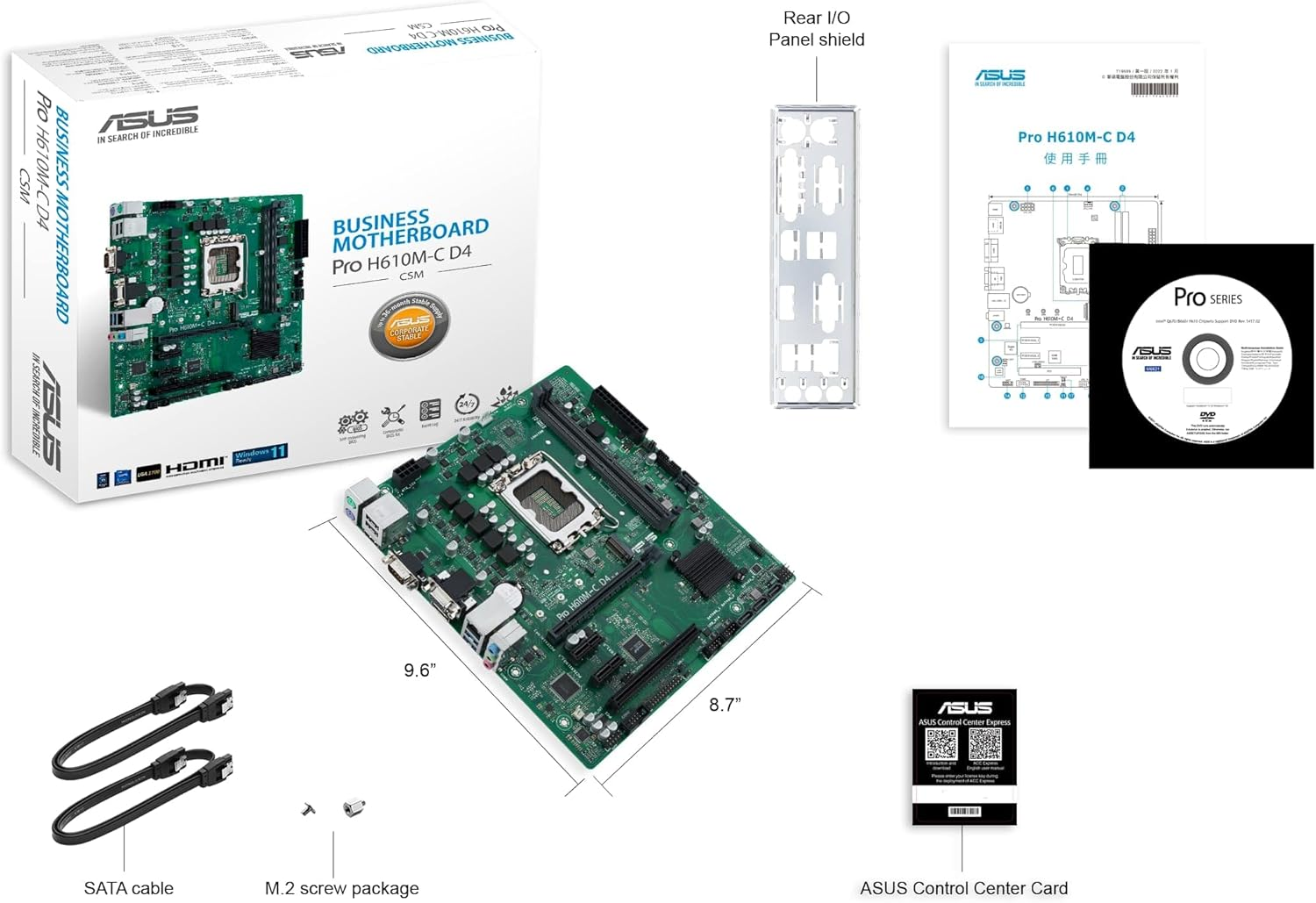 ASUS PRO H610M-C D4-CSM MATX Motherboard, Intel H610, LGA1700, DDR4, PCI 4.0, Intel LAN 1Gb, Realtek 7.1 Surround, 1Xm.2, 4Xsata 6Gb/S, USB 3.2 Gen 1, Asus Control Center Express, Black image number 3
