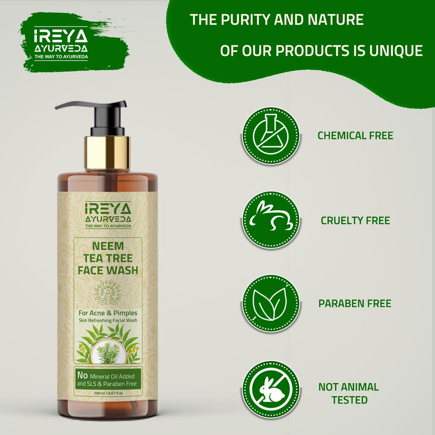 Ireya Ayurveda Tea Tree Face Wash 3.38Oz Made with Neem Extract Tea Tree Oil Moisturizing Face Wash for Men and Women, 100 Ml Pack of 1 image number 2