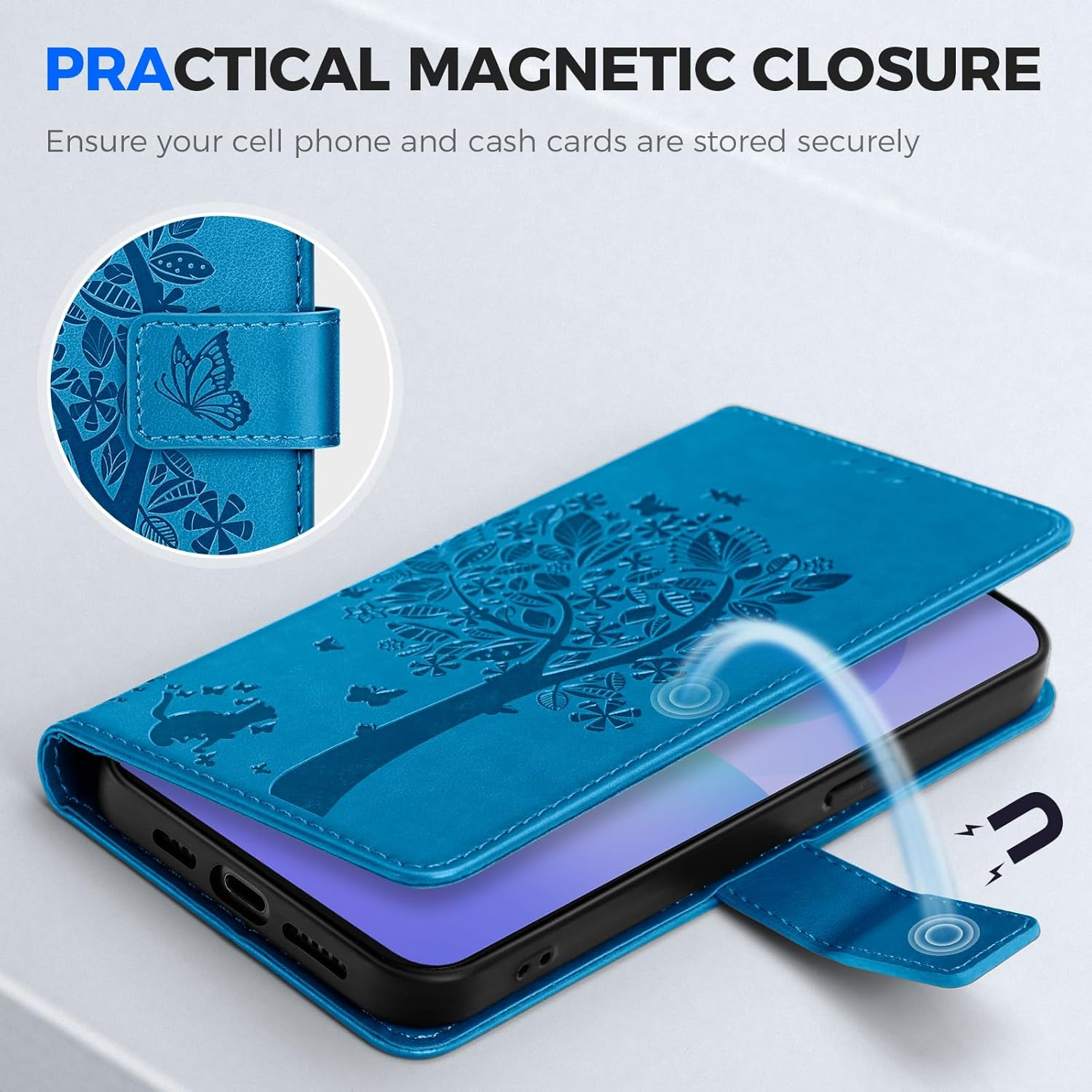 EASDNB Mobile Phone Case for Samsung Galaxy A36 5G Case, Flip Leather Wallet Case with [3 Card Slots] [Magnet] [Stand] Premium Leather Embossing Protective Flip Case for Samsung Galaxy A36, Blue image number 4