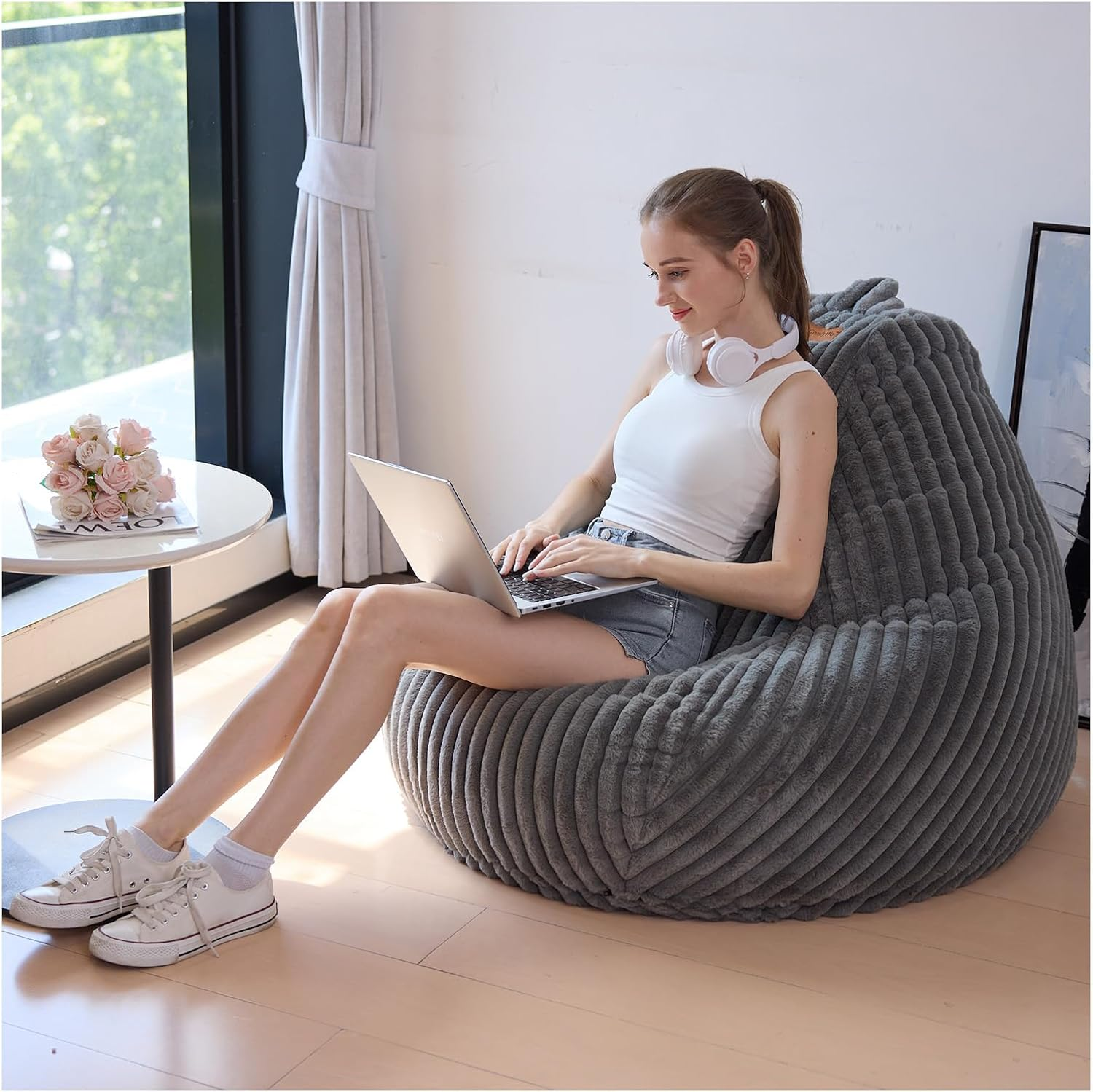 Mincomfywo Large Bean Bag Chair Cover (No Filler)- Stuffable Soft Beanbag Cover, Adults Lounge Gaming Lazy Sofa Bed for Living Room Bedroom (XL, Beige)