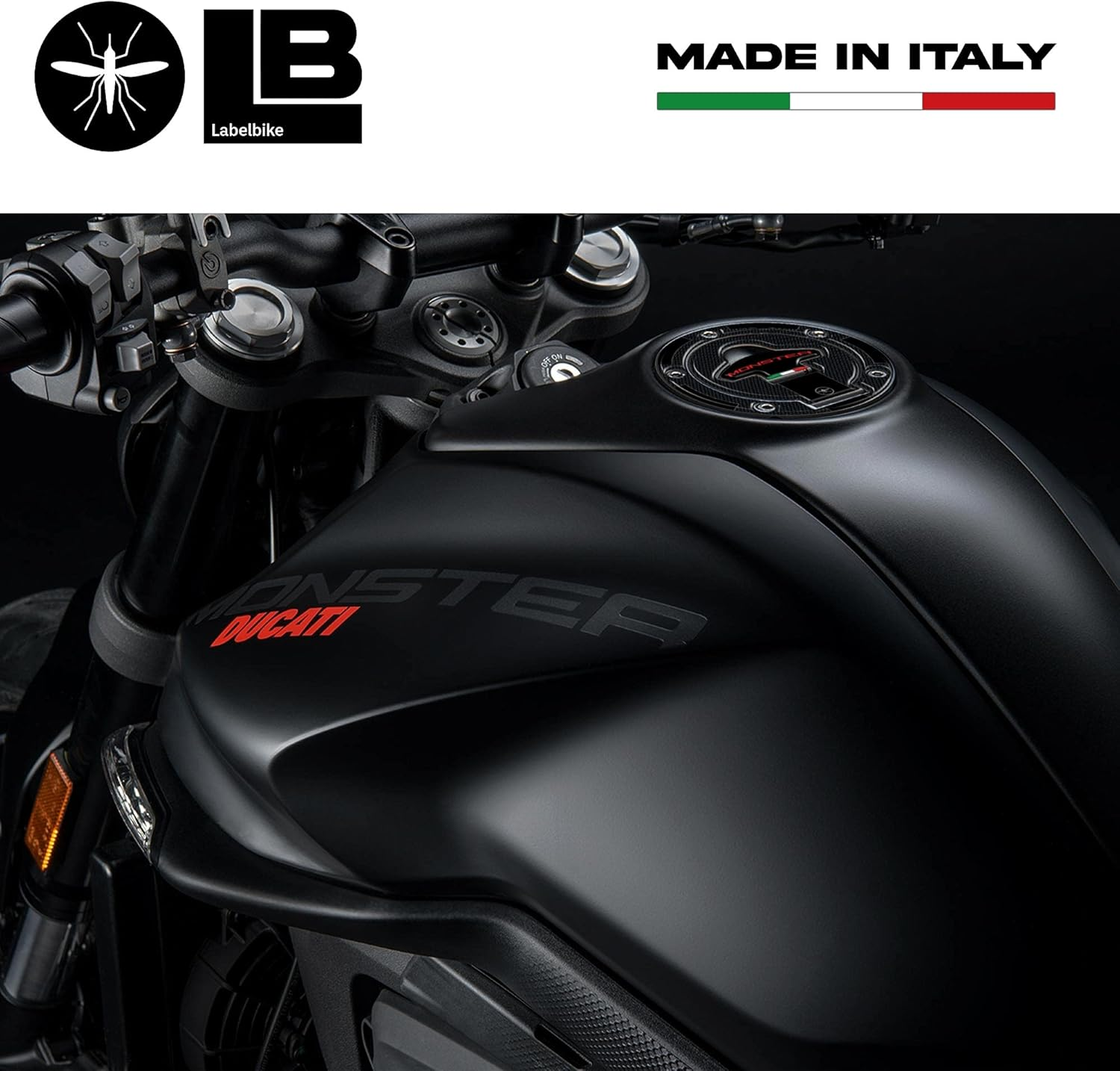 Labelbike - Sticker 3D Motorcycle Tank Cap Protection and Decoration in Resin Compatible with Ducati Monster 620 | 800 | S2R 800 | S2R 1000 | S4 | S4R | S4RS | 695 | 821 | 1200S | 1200R | 797 | 937 - Model - 1 Carbon Black image number 3