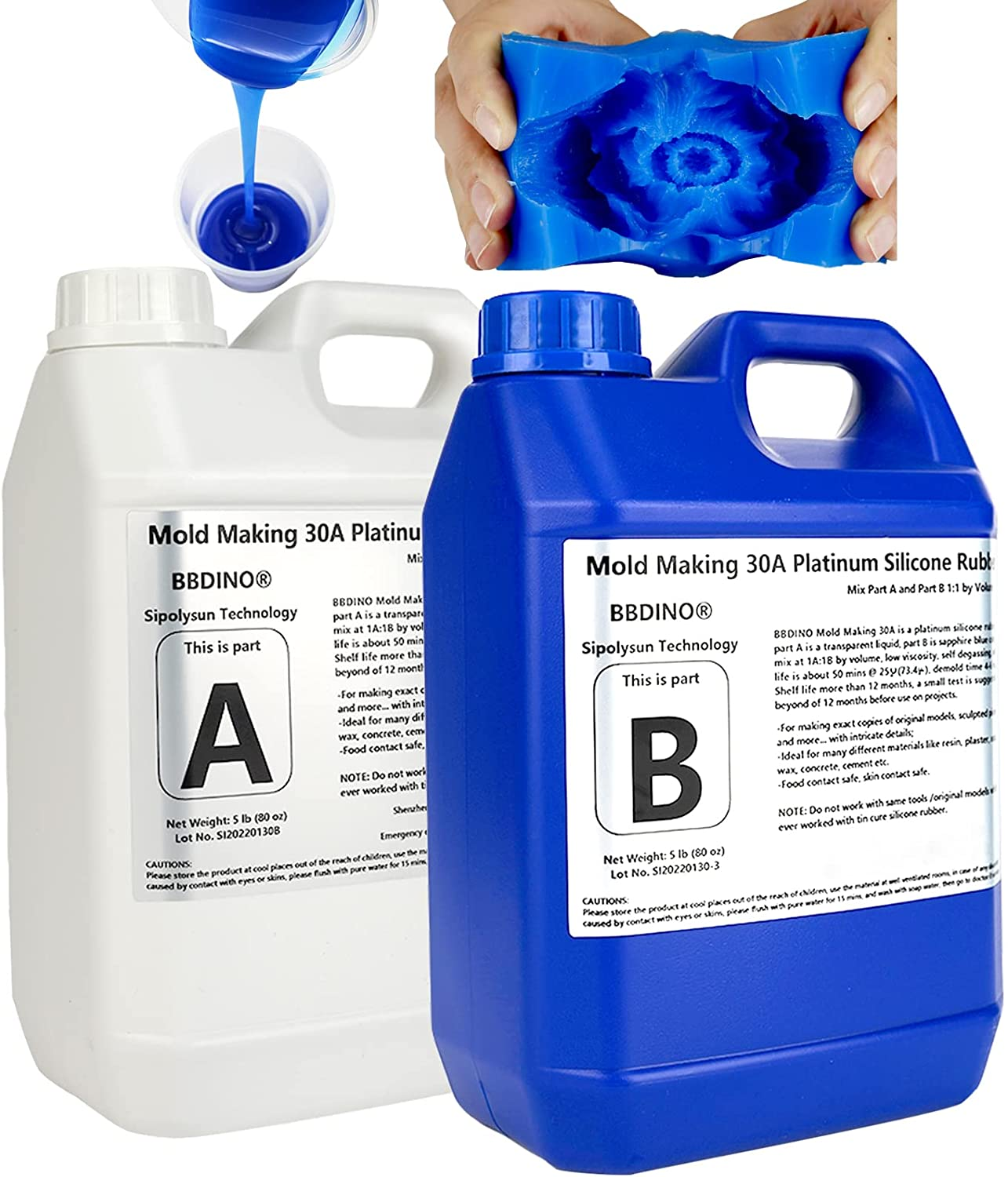 BBDINO Silicone Mold Making Kit, 30A Liquid Silicone for Mold Making, 38.8 OZ, 1A:1B Mixing, 3～5 Hours Quick Cure, Sapphire Blue