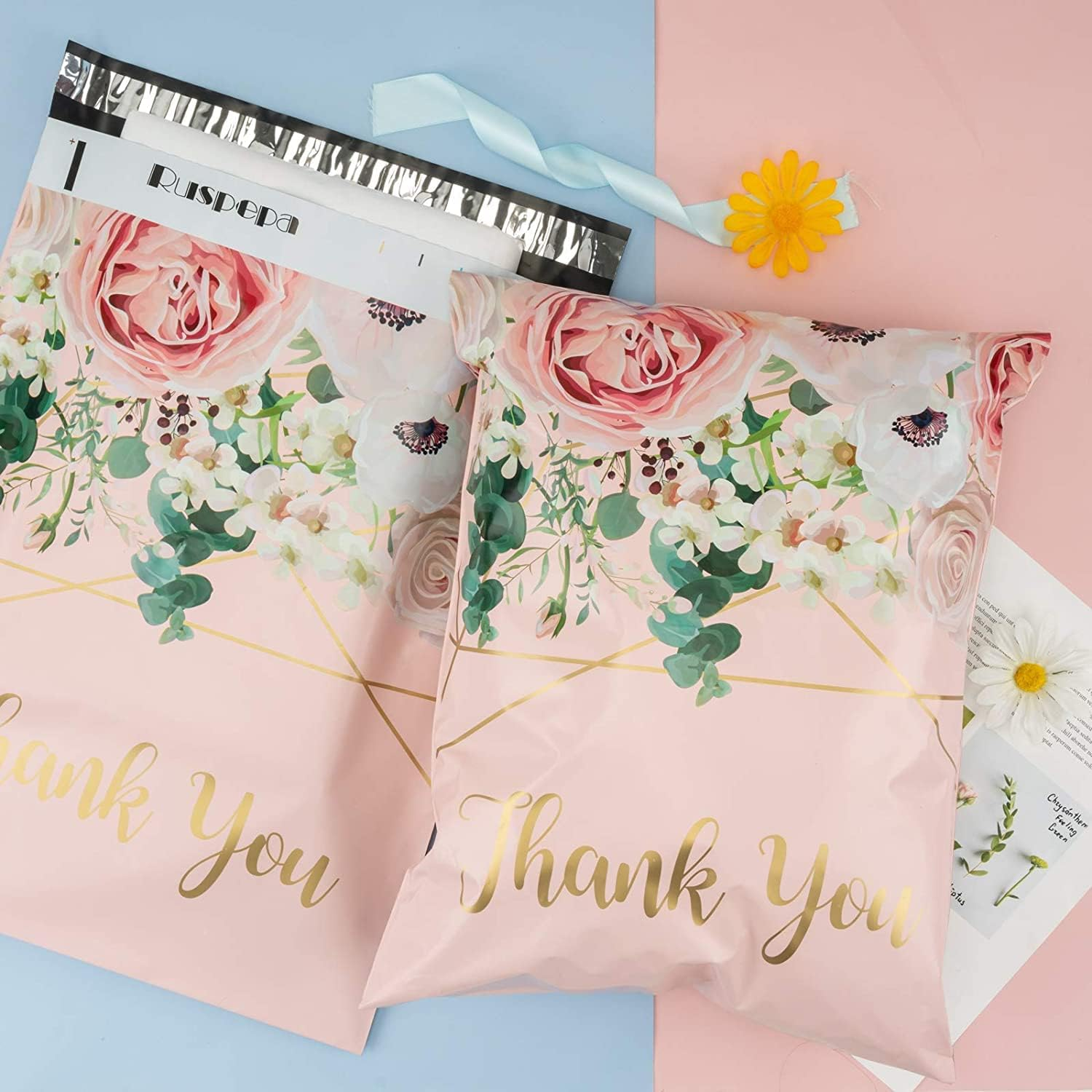 Postage Bags 30X40Cm - 3 Mil Heavy Duty - Tear-Resistant with Self-Sealing Strip Thank You and Flower Design Pink Shipping Bags for Gift Clothes Shoes Packaging, Mailing - 50 Pack image number 5