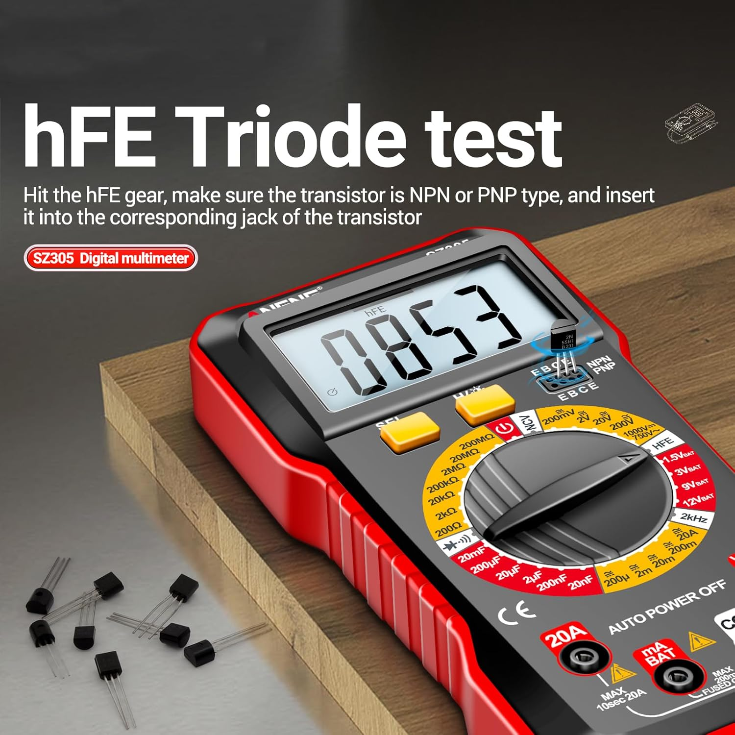 SZ305 Multimeter Capacitor Testers Professional 1999 Counts Smart Voltmeter Ohm Meter Fast Accurately Measures Voltage Current Resistance Capacitor Frequency Diode Hfe image number 5