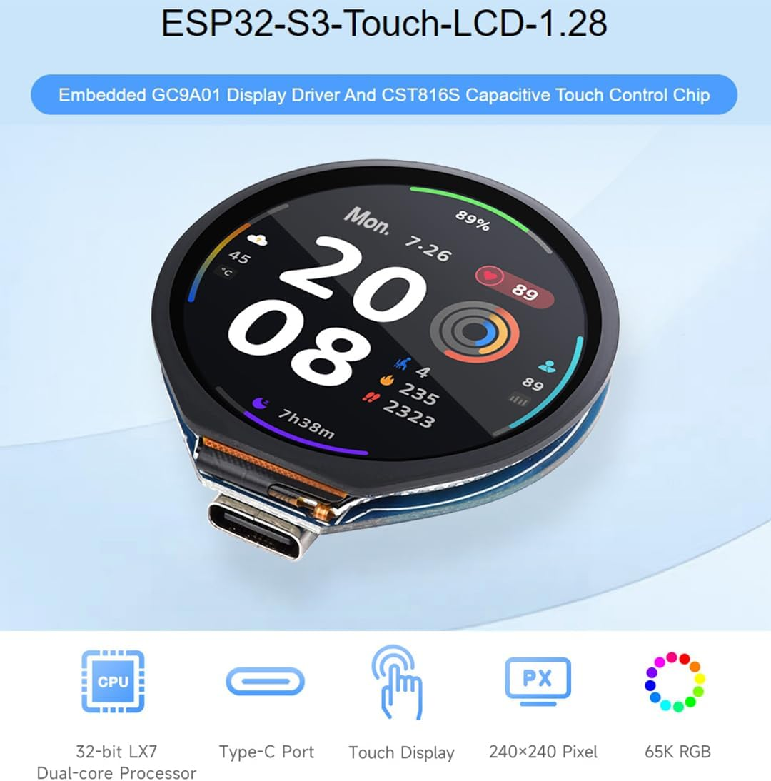 ESP32-S3 MCU Board with Onboard 1.28Inch round Touch LCD and 6-Axis Sensor Etc, 32-Bit LX7 Dual-Core Processor, Supports 2.4Ghz Wi-Fi (802.11 B/G/N) and Bluetooth 5 (LE), Type-C Port - 1.28Inch+Touch image number 2