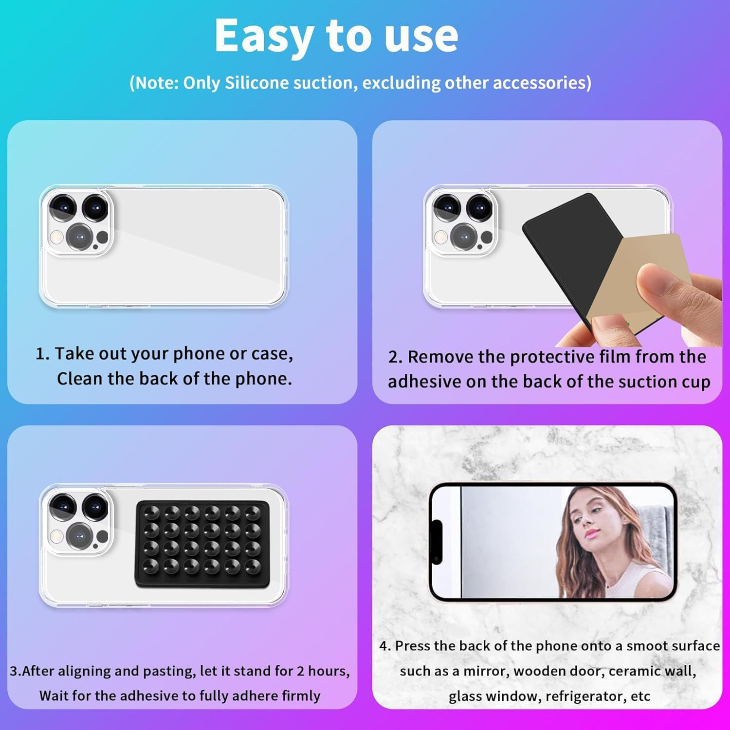 Taicols Suction Cup Mat, 6 Pcs Phone Suction Mat, Phone Case Mount, Silicone Suction Phone Case Adhesive Mount, Silicone Non Mini Hands-Free Mobile Accessory Holder Toy for Selfies and Videos (Black) image number 2