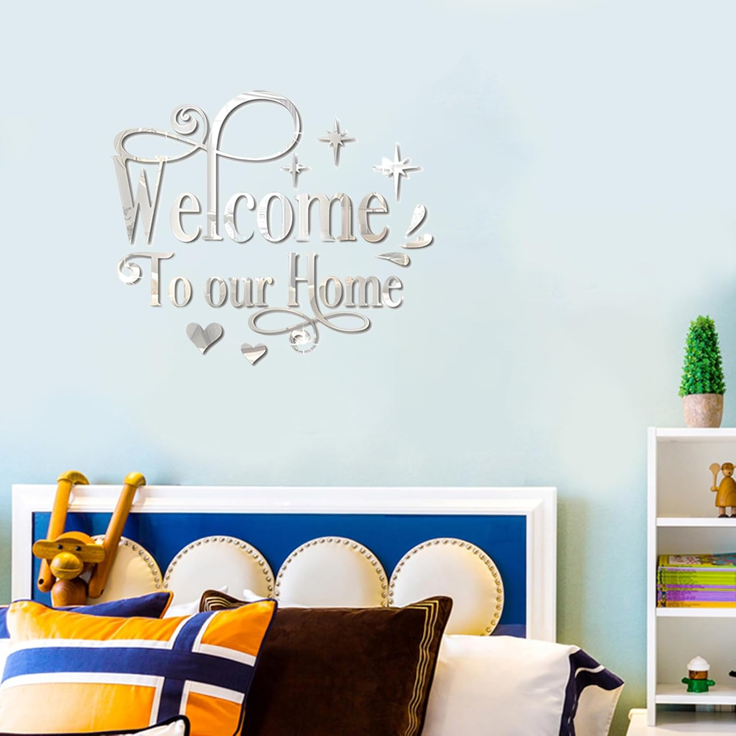 INCAUCA Welcome to Our Home Wall Decor Sticker, Home Acrylic 3D Mirror Wall Decal, Removable Art Letter Sign, Wall Door Quote Decoration DIY for Living Room Bedroom Sofa TV Background (Silver) image number 5