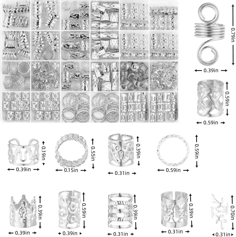 Naisfei 280 Pcs Silver Jewelry for Braids,Braid Jewelry for Women, Braids Ring Cuffs Metal Hair Braids Clips, Decorative Braids Ring Cuffs Stylish for Dreadlock Accessory