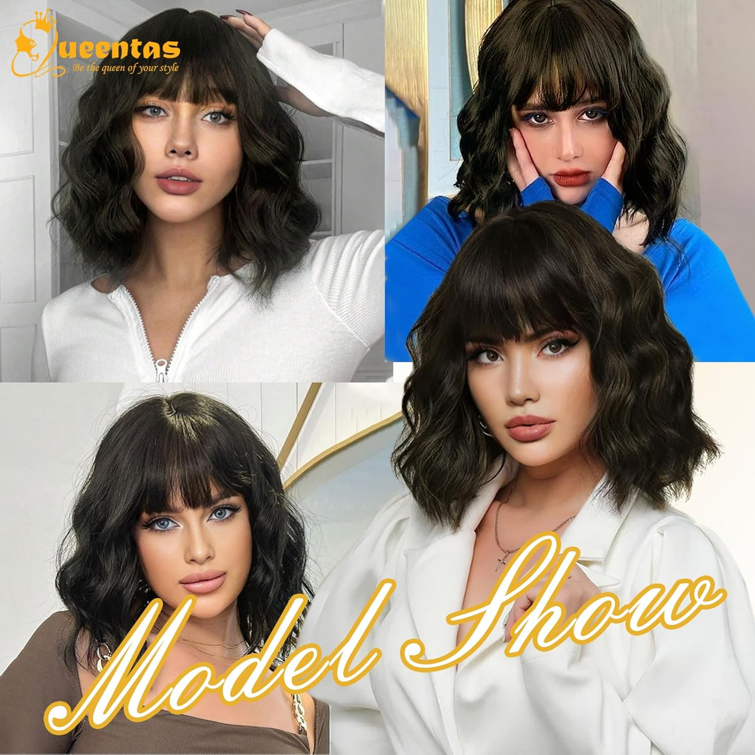 QUEENTAS Short Bob Black Brown Wigs for Women Shoulder Length with Bangs Wavy Wig Synthetic Hair Wig image number 6