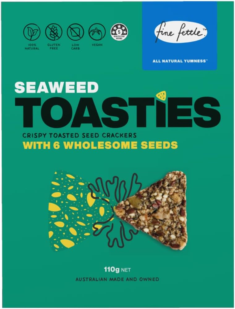 Fine Fettle Toasties Multipack 110G X 3 (Dukkah, Olive & Seaweed Toasties). Gourmet Crackers and Healthy Snacks - Gluten Free, Low Carb and Vegan - Crispy Toasted Seed Crackers with 6 Wholesome Seeds