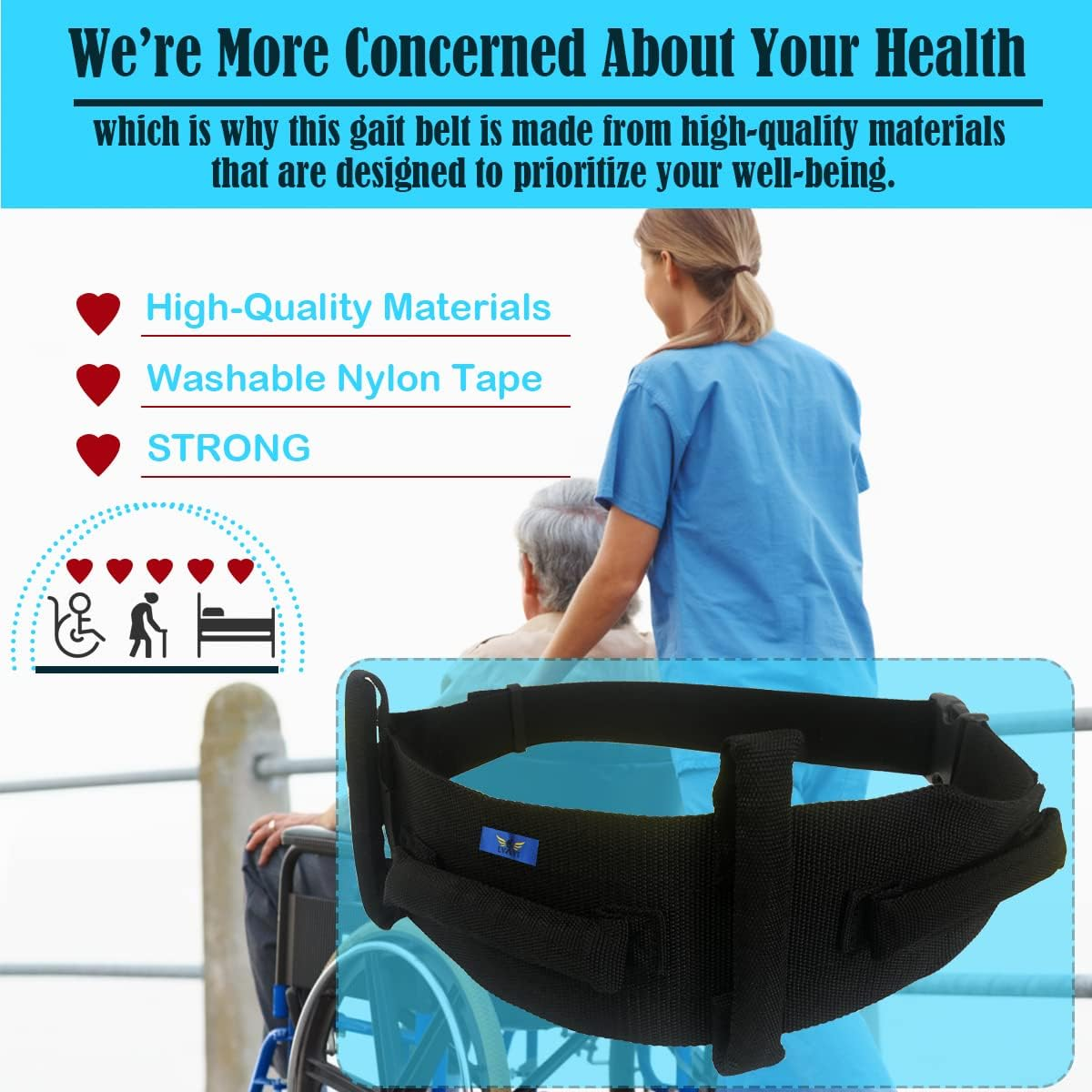 Transfer Gait Belt - 55" L X 4" W, Solid Black Handle, Quick Release Buckle - Elderly Patient Mobility Aid for Safe Walking Ambulation (Sky Blue) image number 4