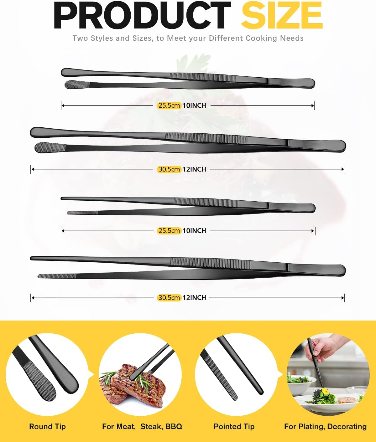 4 Pcs Kitchen Fine Tweezer Tongs, 12'' and 10'' Stainless Steel Food Tweezers Set, Professional Kitchen Long Tweezer for Cooking, Repairing, Sea Food and BBQ (BLACK) image number 1